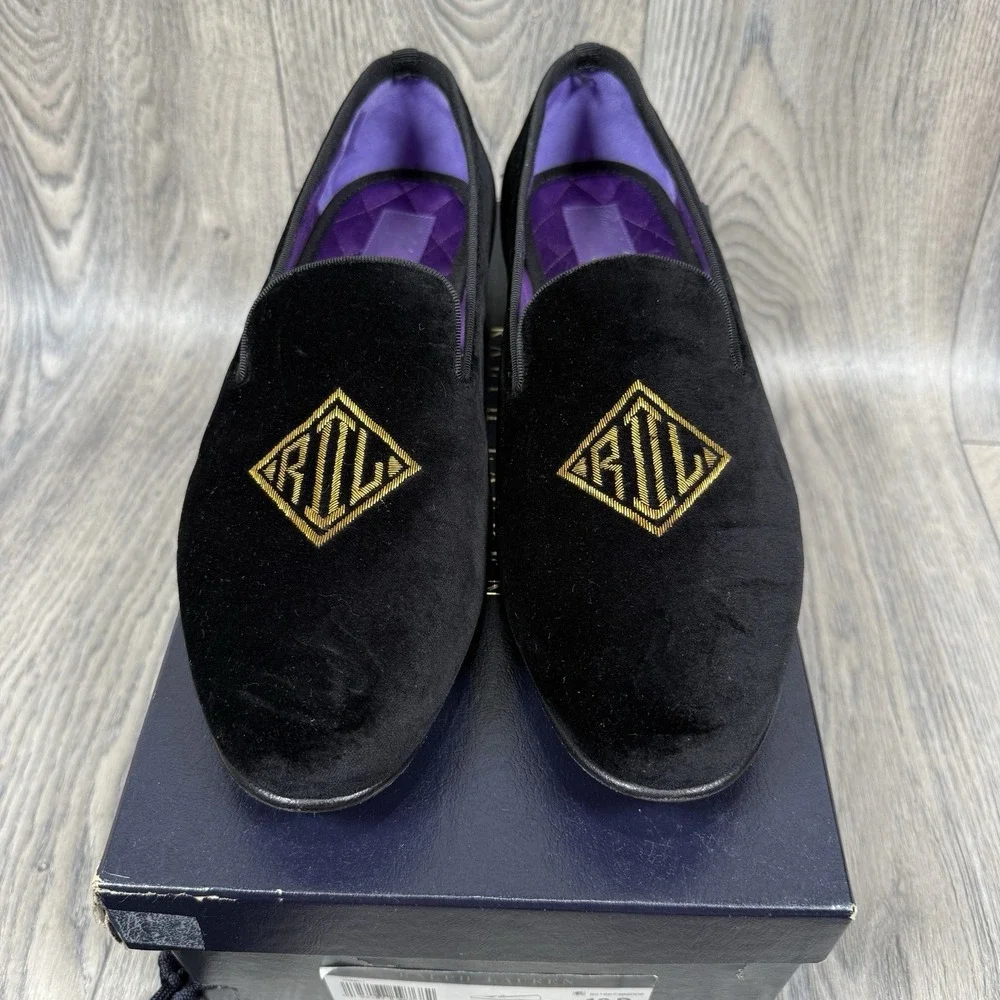 NEW Ralph Lauren Purple Label Alonzo Black Velvet RL Deco Bullion Slippers 12 D
